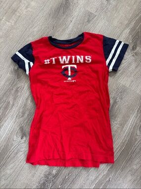 Kids Red Twins Short Sleeve Tee with Navy Sleeve Accents